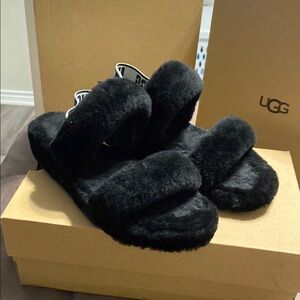 UGG Black Fuzzy Slippers